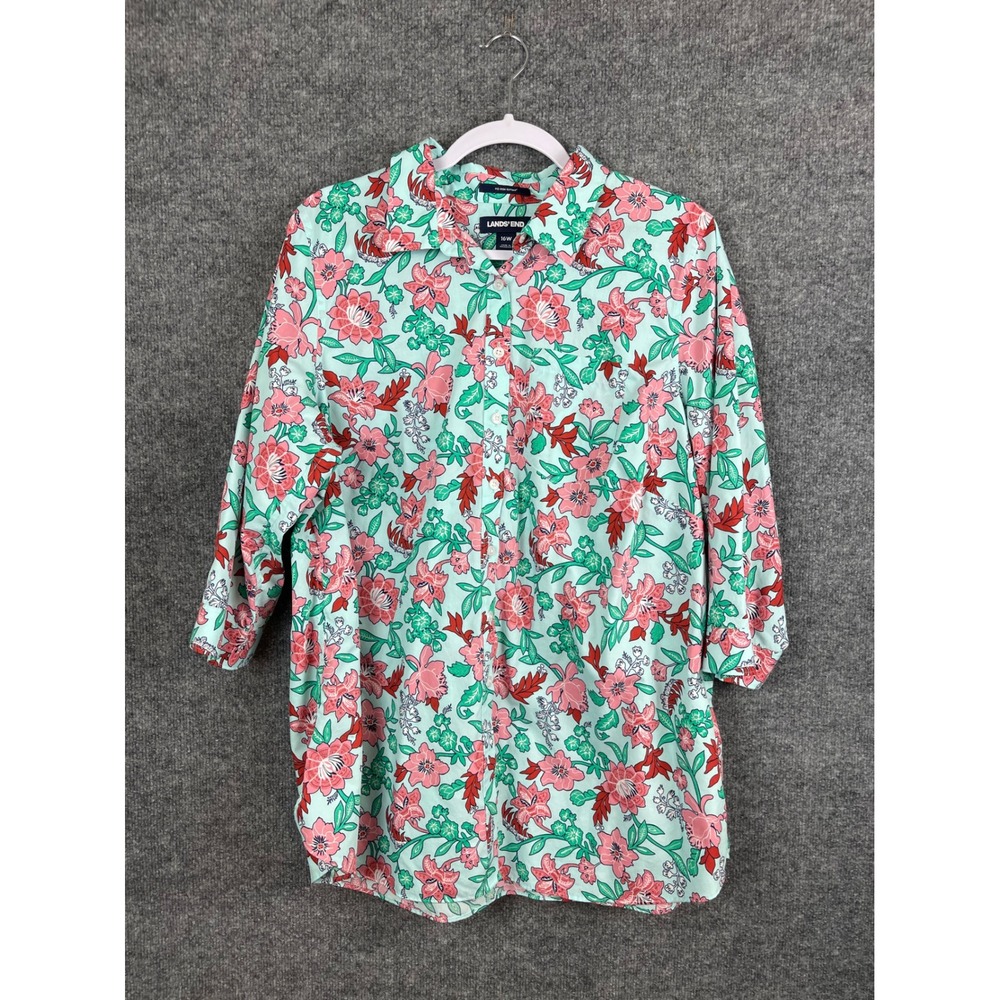 Lands'‎ End Button Up Shirt Womens 16W Blue Pink Floral Excellent No Iron Supima
